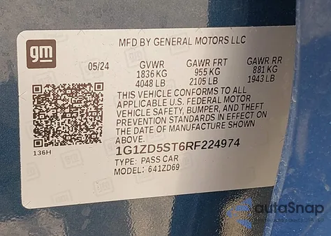 2024 Chevrolet Malibu Fwd 1Lt из США, поврежденный, VIN 1G1ZD5ST6RF224974